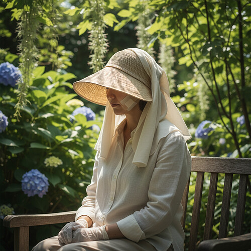 Wearing a protective hat after hair transplant surgery to shield from the sun.