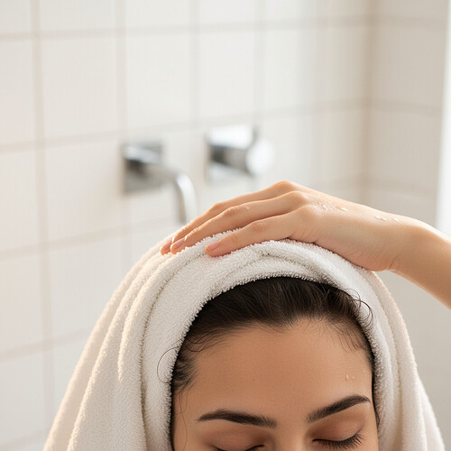 Gentle scalp care routine involving a soft towel, highlighting post-exercise hygiene.