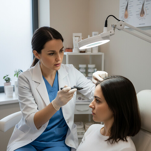 Dermatologist examining female scalp