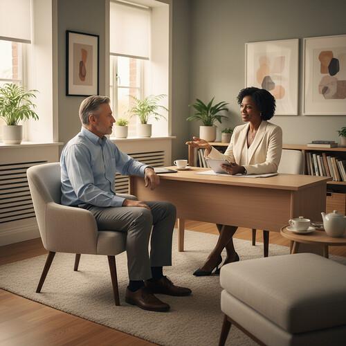 Professional consultation between a patient and a clinician in a calm setting.