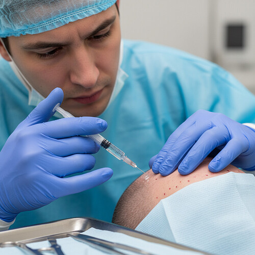 Administering local anesthesia to the scalp for a hair transplant.