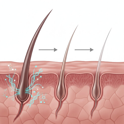 Illustration showing hair follicle miniaturization due to genetic factors.