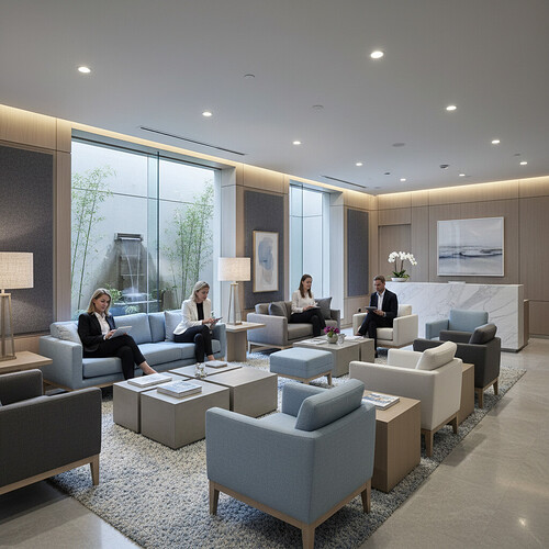 Waiting area in a premium hair restoration clinic.