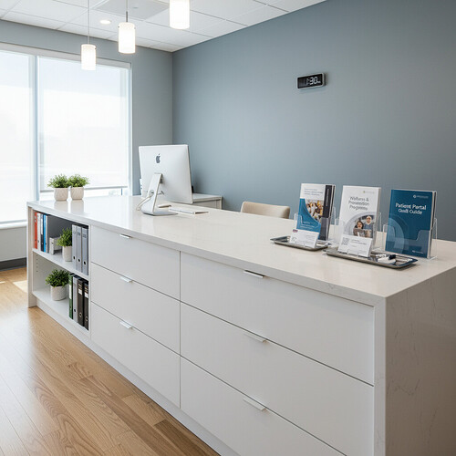 Organized administrative desk in a medical clinic, showcasing brochures and professionalism.