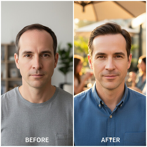 Tasteful and subtle before-and-after hairline comparison.