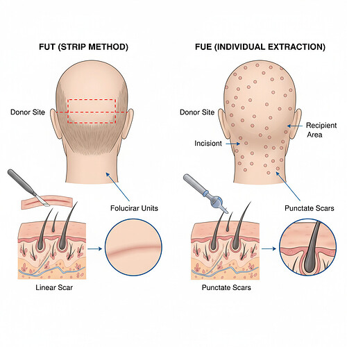 Diagram comparing FUT and FUE hair transplant donor sites.