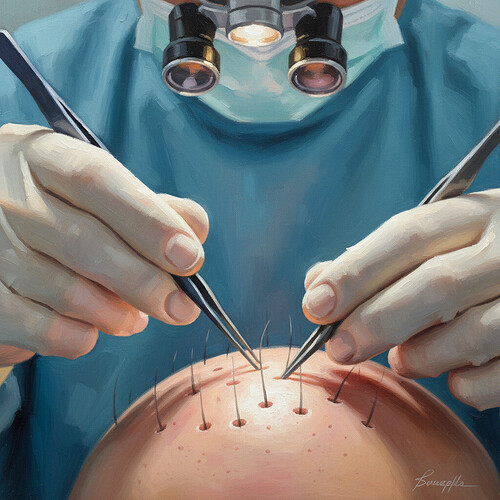 Surgeon's hands implanting hair grafts
