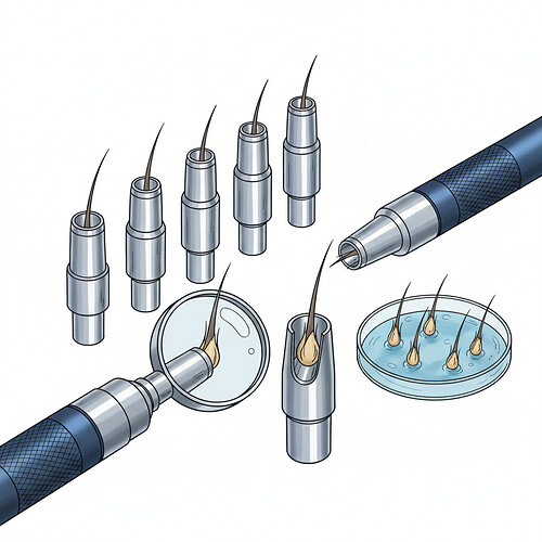 Close-up view of micro-punches used for extracting follicular units in FUE hair transplantation.