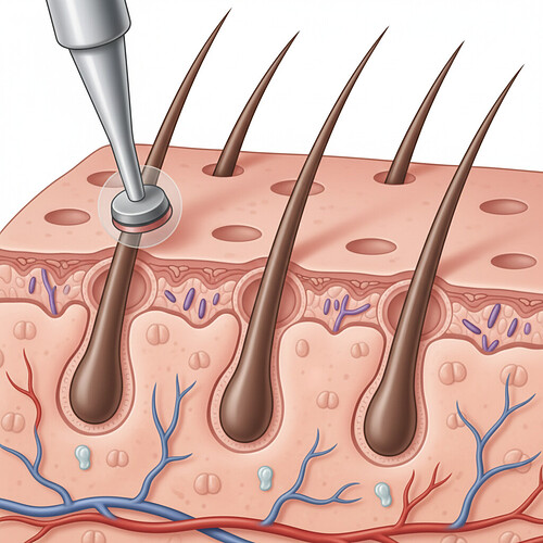 Illustration of hair follicle extraction for transplantation