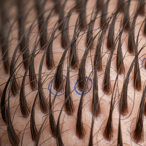Close-up of a healthy donor area on the scalp with dense hair follicles.