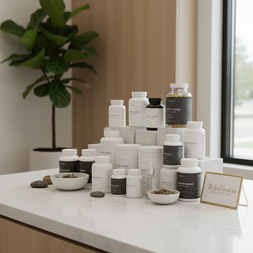 Professionally displayed high-quality nutritional supplements in a clinic setting.