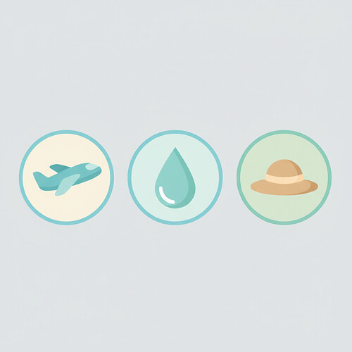Icons representing travel comfort: airplane, hydration, and headwear.