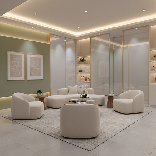 Calm and modern waiting area in a hair restoration clinic.