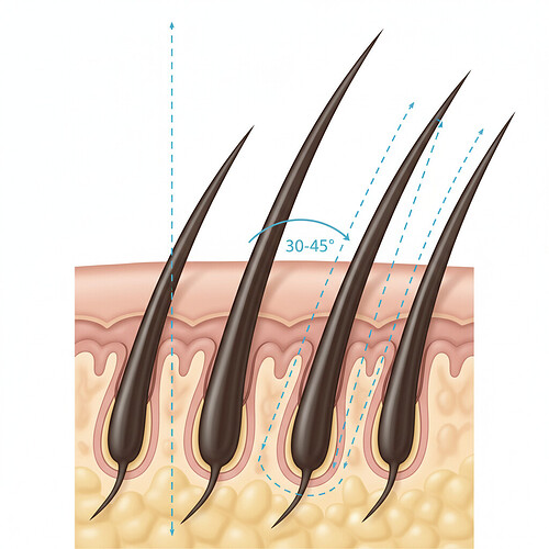 Illustration showing the natural angle of hair growth from the scalp.