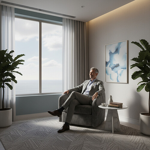 Man relaxing in a comfortable and upscale clinic environment.