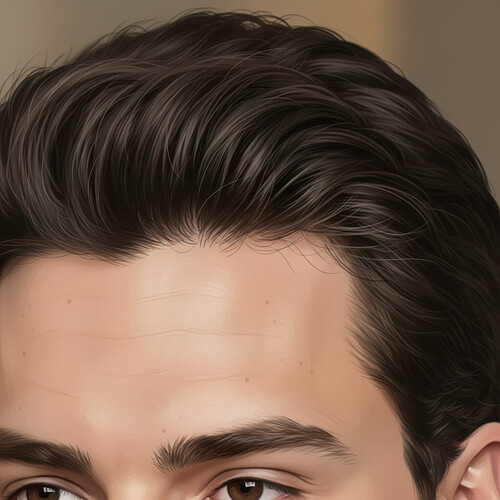 A close-up of a natural-looking hairline with healthy hair growth.