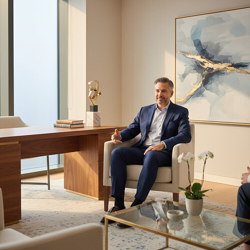 Mature man in a welcoming consultation space within a medical clinic, looking relaxed and engaged.