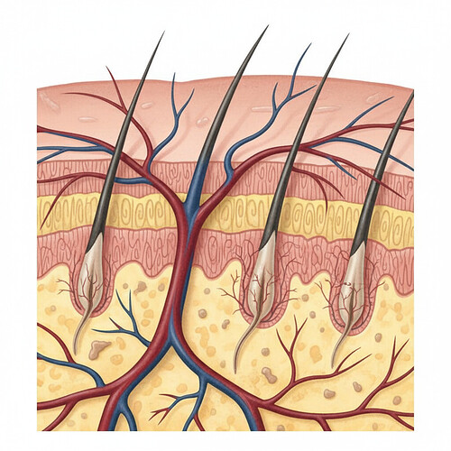 Illustration of constricted blood vessels in the scalp reducing blood flow to hair follicles.
