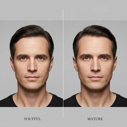 Comparison of a youthful versus a mature hairline aesthetic on an adult male.