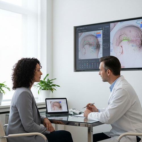 Doctor consulting with a patient about hair transplant options.