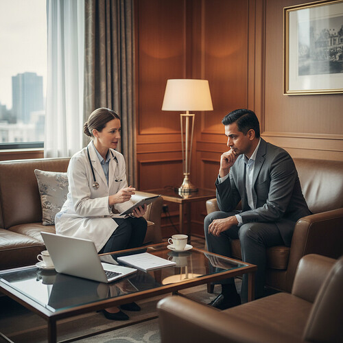 Doctor and patient discussing hair restoration options in a comfortable clinic setting.