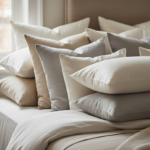 Close-up of soft, neutral-colored pillows arranged for comfort.