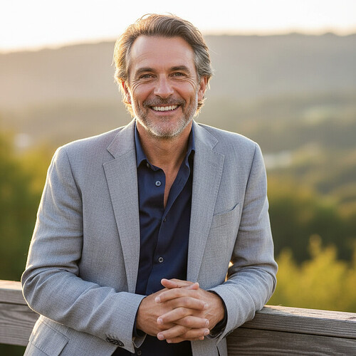 A confident and happy mature man with natural-looking hair.