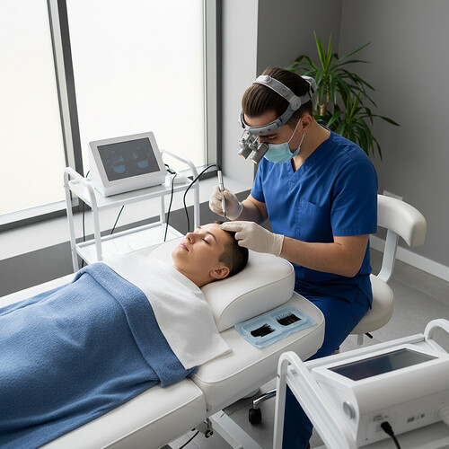 Patient undergoing DHI hair transplant with Choi Implanter Pen