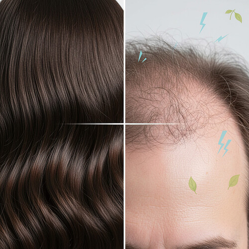 Comparison of a healthy scalp versus a scalp affected by stress or nutritional deficiency.