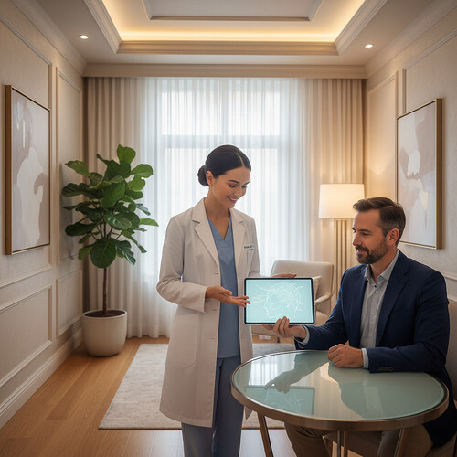 Doctor discussing hair restoration options with a patient in a consultation room.