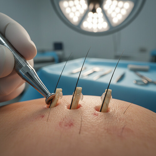 Close-up of hair follicles extracted during FUE procedure