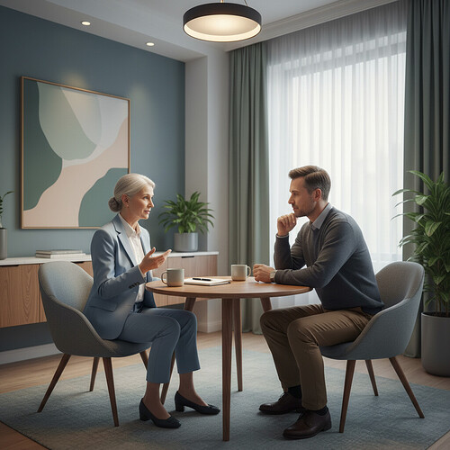 Doctor consulting with a patient in a modern, professional office.