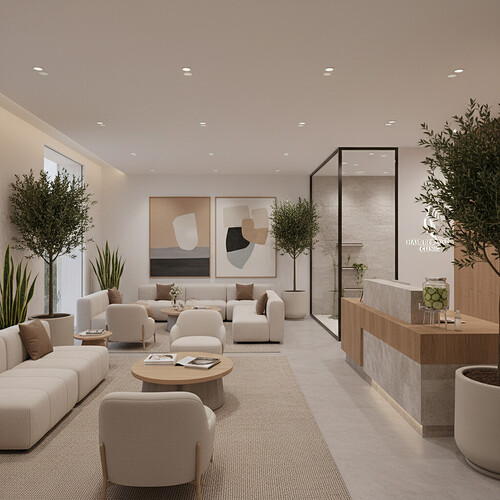 Modern and calm waiting area in a hair restoration clinic