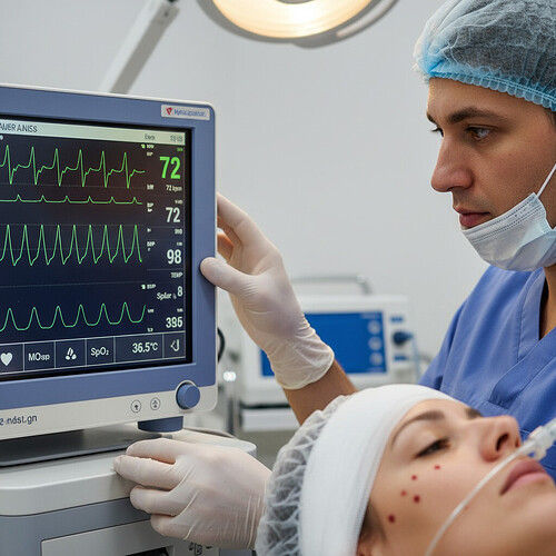 Medical professional monitoring patient vitals post-hair transplant.