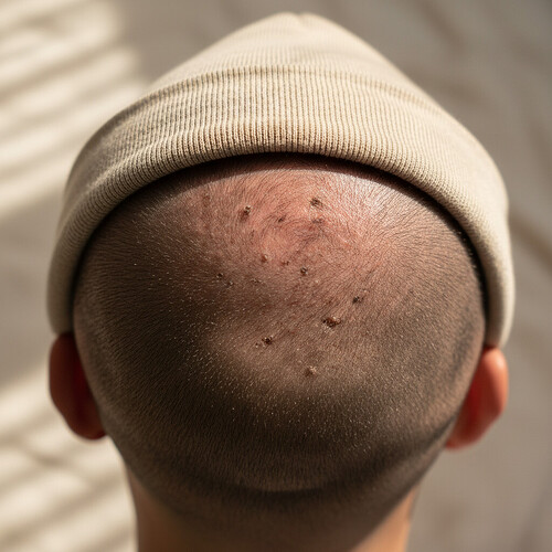 Post-hair transplant healing with short hair and protective hat