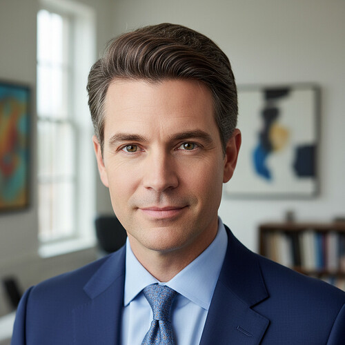 Mature man with a fully restored, natural-looking hairline and confident demeanor.