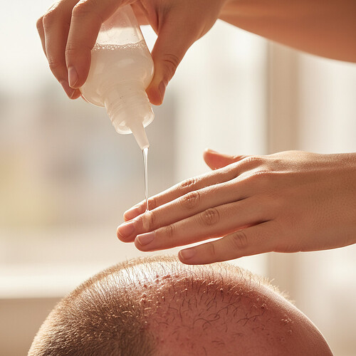 Gentle application of diluted shampoo to the scalp after hair transplant.