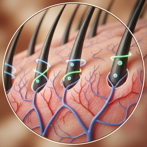 Illustration of healthy blood circulation in the scalp supporting hair follicles.