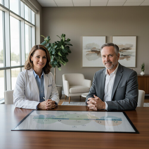 Doctor discussing hair restoration options with a mature patient in a consultation room.