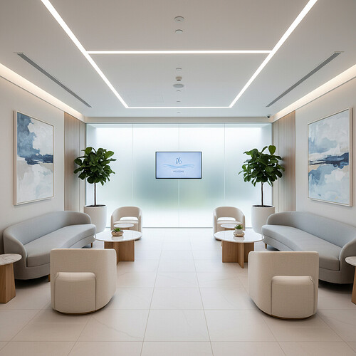 Modern and clean waiting area of a high-end medical clinic.