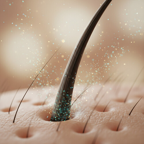 Close-up of a strong, healthy hair strand growing from a nourished scalp.