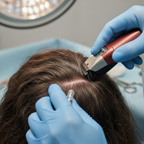 Surgeon using specialized tools to create a precise strip shave for an unshaven hair transplant.