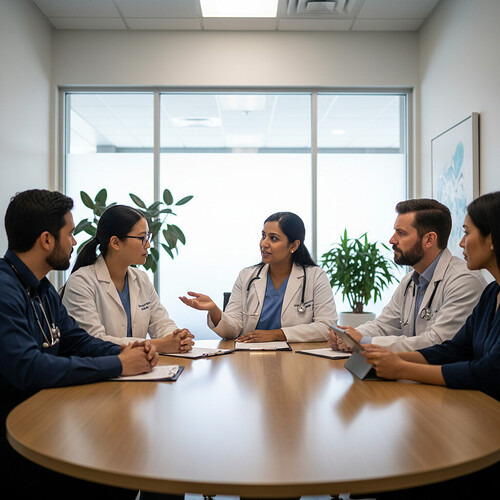 Multilingual medical staff collaborating in a clinic.