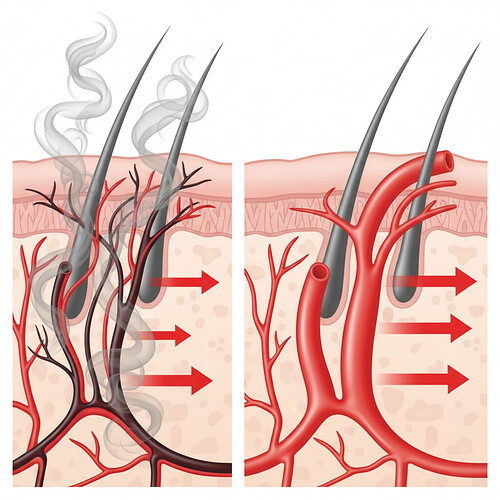 Diagram illustrating constricted blood vessels in the scalp due to smoking.