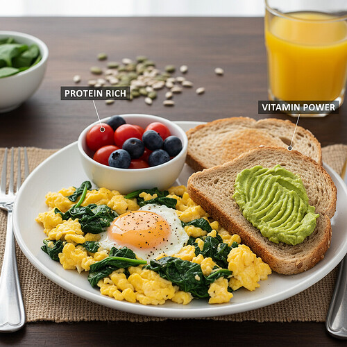 Scrambled eggs with spinach and toast