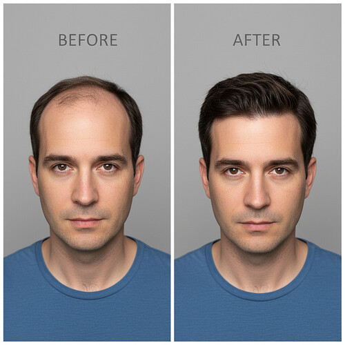 Before and after comparison of a hair transplant result.