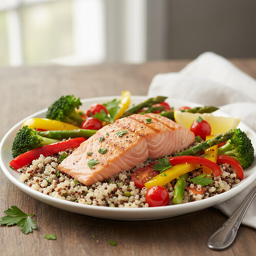 A balanced meal plate with salmon, vegetables, and quinoa.