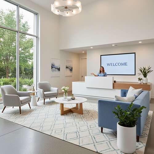 Modern and calming hair restoration clinic waiting area