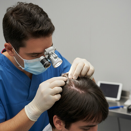 Surgeon assessing scalp and donor area for revision consultation