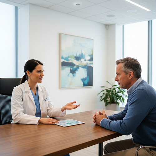 Medical professional discussing a hair restoration treatment plan with a patient.